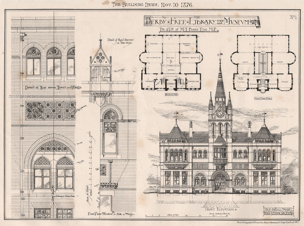 Derby Free Library & Museum; R.K. Freeman Architect 1876 old antique print